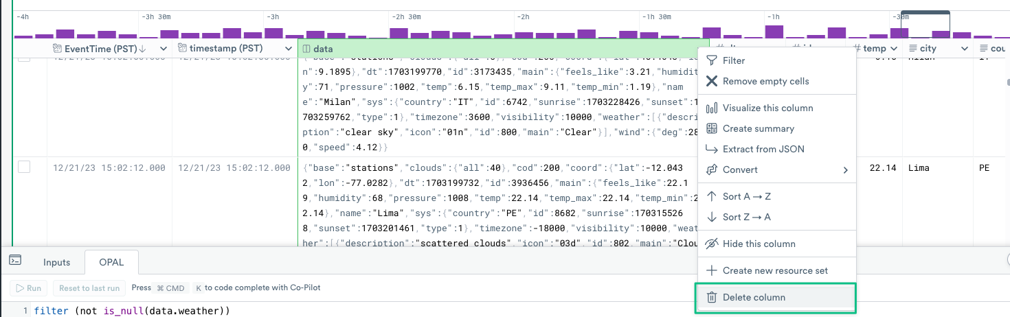 data column header menu open, showing the Delete columns menu item
