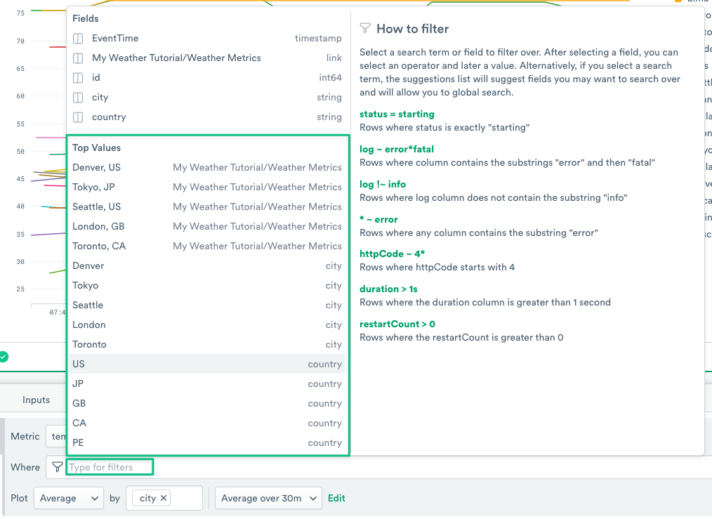 Metrics Expression Builder filter options